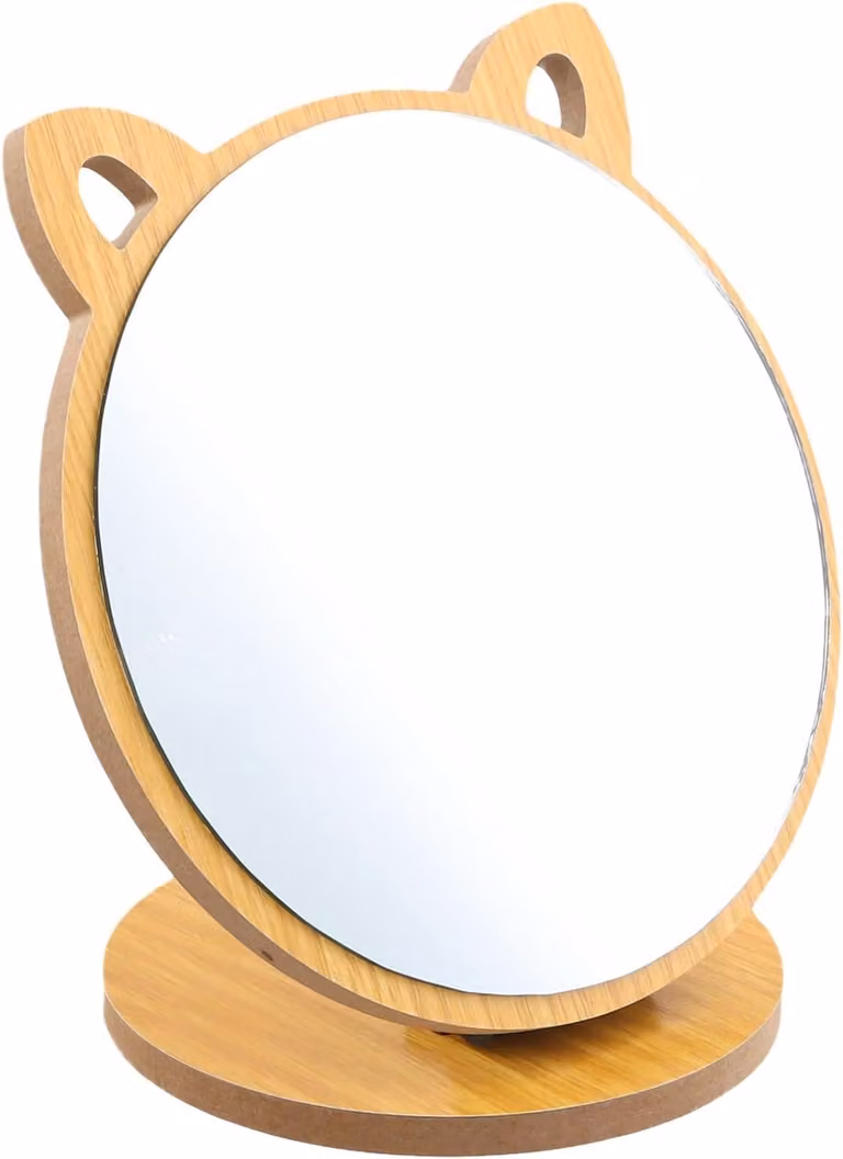 Specchio da trucco HD, pieghevole, con cornice in legno, forma a "orecchie di gatto", portatile, ideale per il tavolino da trucco