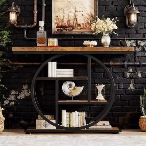 Consolle a 4 livelli sfalsati in legno e metallo nero e marrone rustico con piedini regolabili 105 × 30 × 80 cm