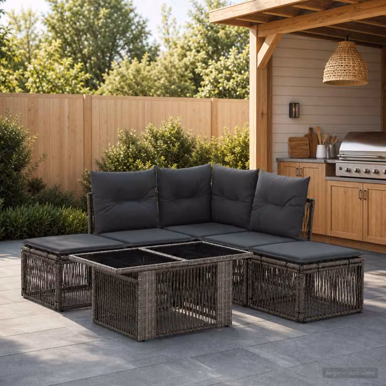 Set Divano da Giardino vidaXL 6 Pezzi in Polyrattan Grigio con Cuscini e Tavolino