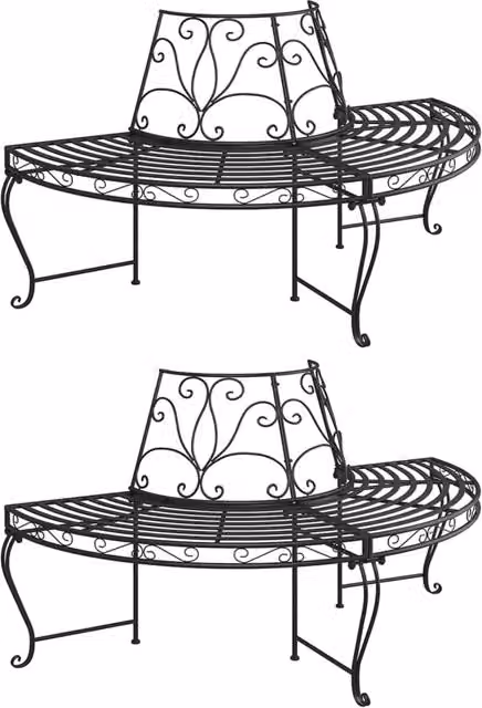 Set di 2 panchine da giardino semicircolari per alberi Outsunny in acciaio nero opaco, diametro: 160 cm
