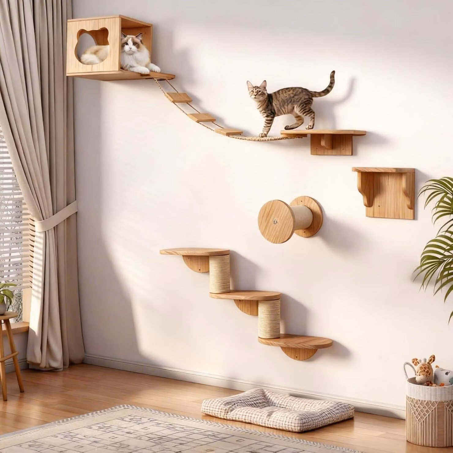 Set per parete per gatti, composto da 4 elementi, in legno, con elementi per l'arrampicata, una colonna in sisal per grattare, da montare a parete