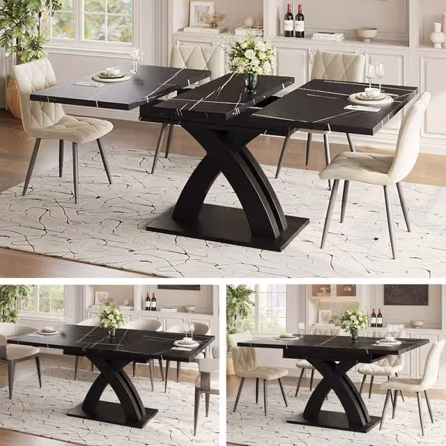 Tavolo da pranzo allungabile in legno nero, 120(160)x80x76 cm, per 6 persone, ideale per cucina, sala da pranzo o terrazza