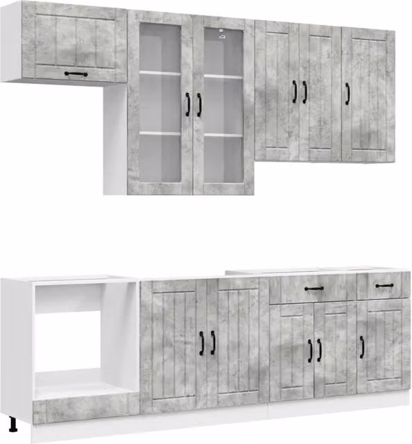 Unità Cucina Moderna LUCCA vidaXL 8 Pezzi Grigio Cemento con Ante in Vetro e Ripiani Aperti