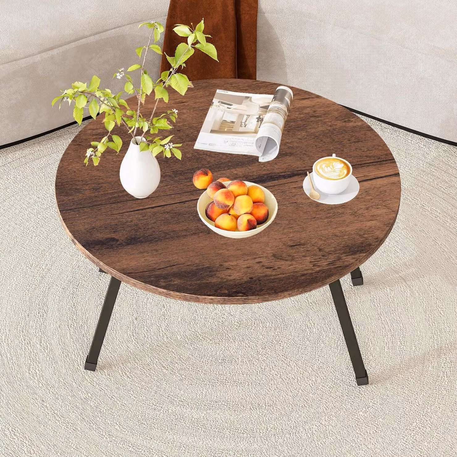 Tavolino da divano rotondo, pieghevole, in legno, color marrone vintage, dimensioni 72x43 cm