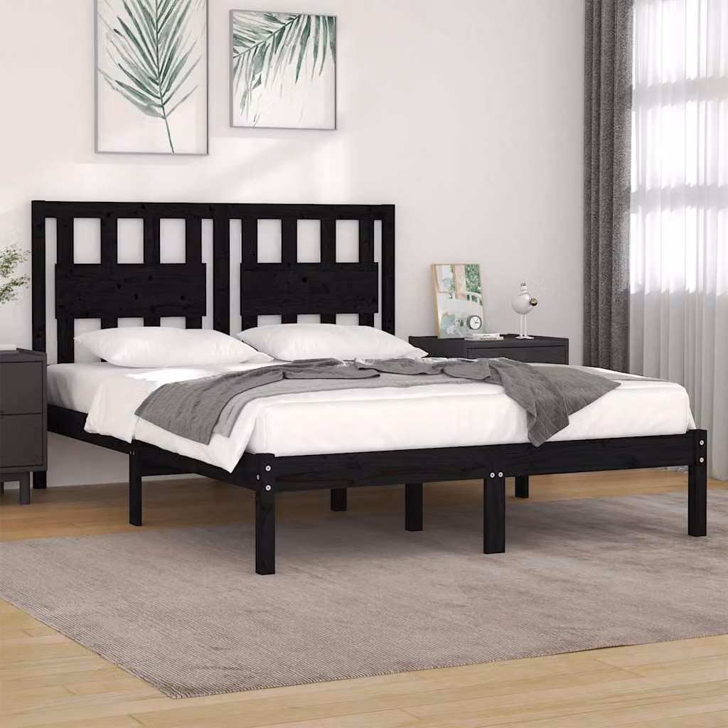 vidaXL Giroletto Nero in Legno Massello di Pino per Adulti L: 140 cm, P: 190 cm
