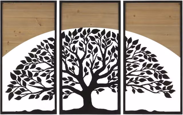 Set di 3 Pannelli da Muro Arc Albero della Vita Vikasa Home in Metallo e Legno, Colore Nero e Marrone, H 105 x L 70 cm – 1