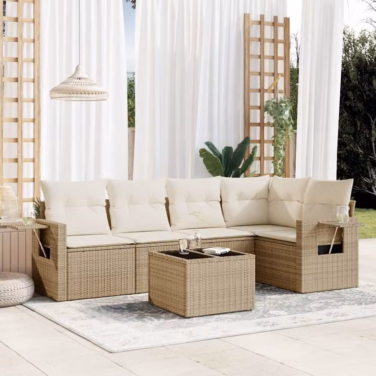 Set Divano da Giardino vidaXL 6 pz a L con Cuscini Beige in Polyrattan e Tavolino