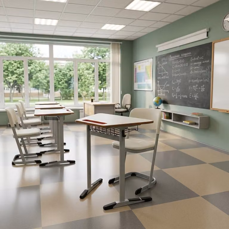 Set scolastico moderno ed ergonomico, grigio: banco bianco e sedia, tavolo singolo