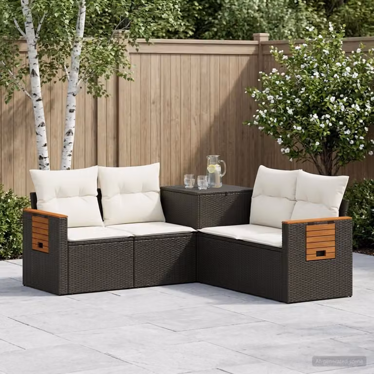 vidaXL Set di divani da giardino a forma di L in polyrattan nero e bianco con cuscini inclusi