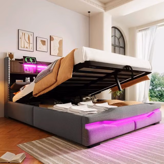 Letto imbottito 140 × 200 cm con vano contenitore idraulico in lino grigio luci led e ricarica usb tipo c