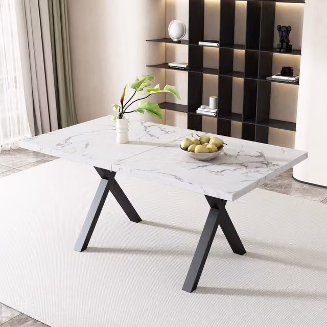 Tavolo da pranzo rettangolare OKWISH in MDF laminato bianco lucido con gambe a X in metallo per soggiorno e sala da pranzo