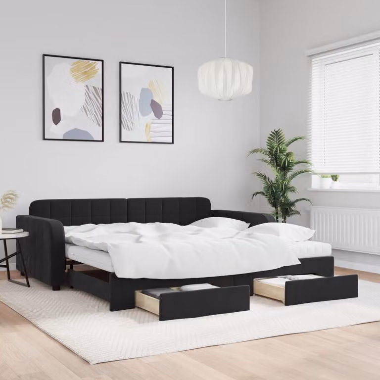 vidaXL Divano Letto Estraibile con Cassetti in Velluto Nero L/P/H: 223 x 100 x 71 cm