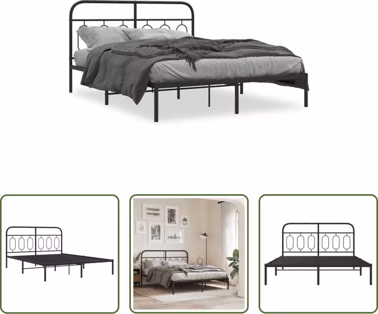 The Living Store Struttura letto con testiera in metallo nero 150x200 cm