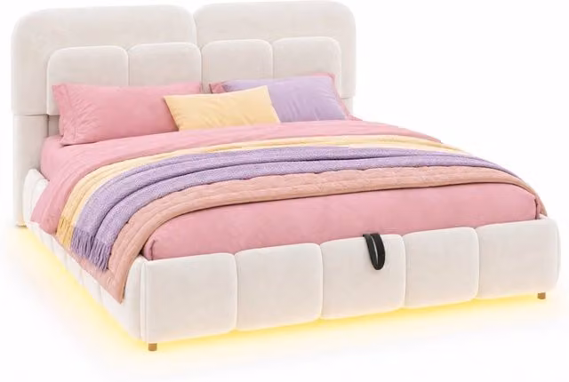 Letto matrimoniale 140x200 cm con contenitore idraulico e LED in velluto; beige