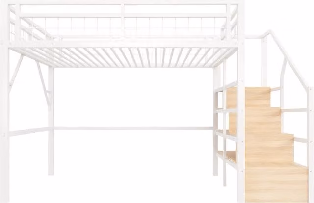 Letto a soppalco moderno in metallo e MDF bianco con illuminazione LED e scala con contenitore L/P: 140 x 200 cm
