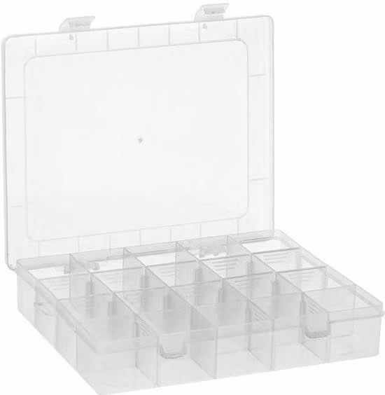 Contenitore di smistamento Unyqoos® con 20 scomparti, realizzato in polipropilene, dimensioni 20,8 x 16,9 x 4 cm, scomparti di 4 x 4 cm, con coperchio trasparente, ideale per perline e accessori per hobby creativi