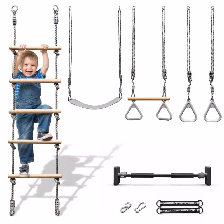 Set da ginnastica e arrampicata 5 in 1, barra di apertura per telaio della porta - Scala in legno, altalena, maniglie per ginnastica, casa e giardino