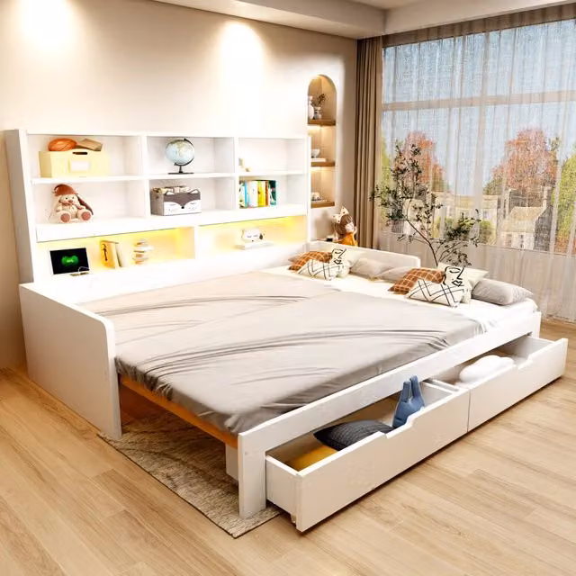 Letto a scomparsa multifunzione 90/180 x 200 cm con LED e prese; bianco