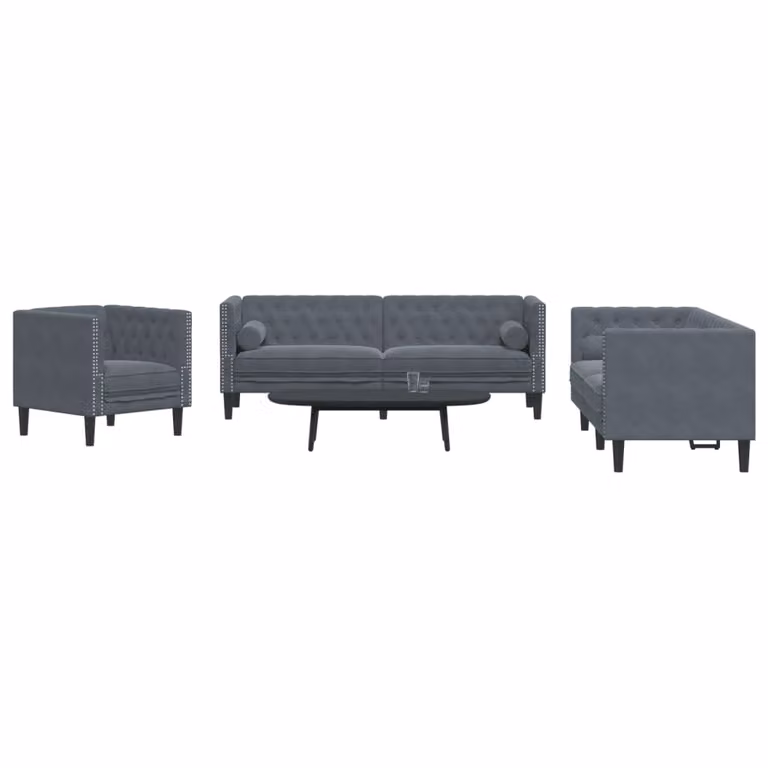 Set di Divani Chesterfield vidaXL in Velluto Grigio con Cuscini, Composto da un Divano a 3 Posti e un Divano a 2 Posti