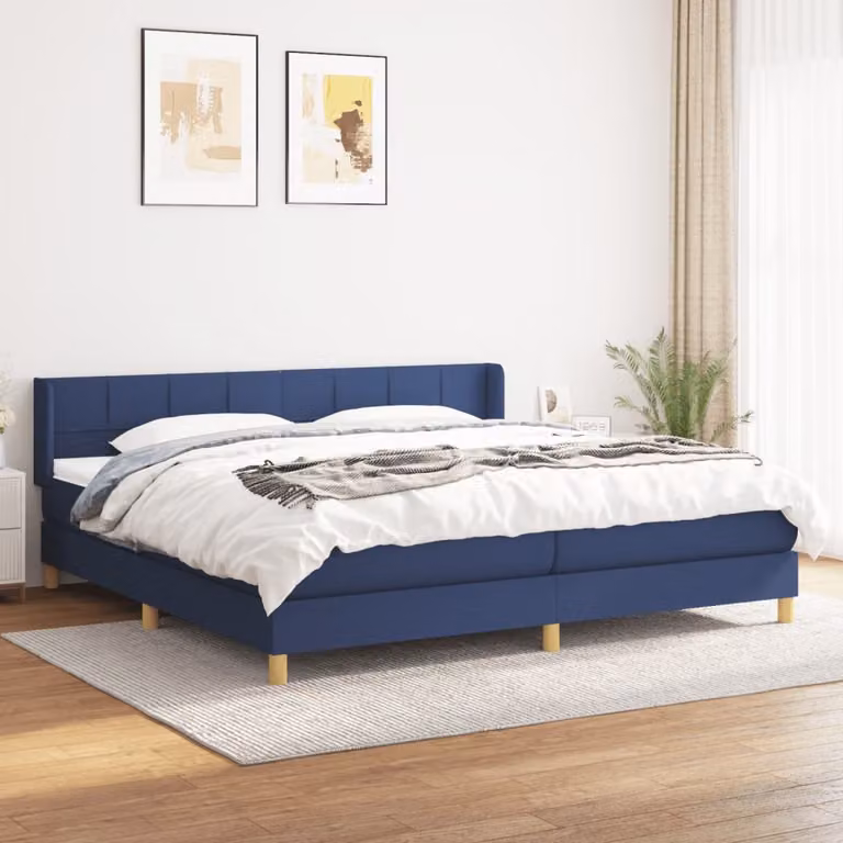 The Living Store Letto a molle con materasso blu 200x200 cm in tessuto