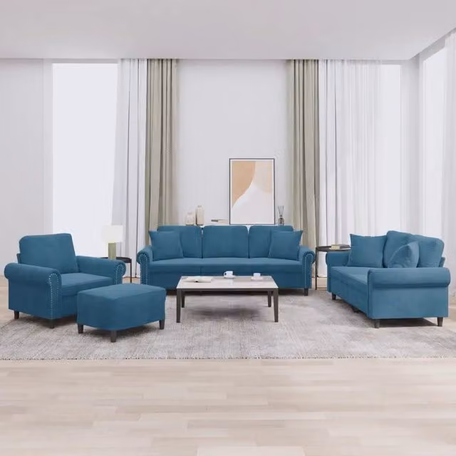 Set di divani moderno vidaXL in velluto blu composto da divano a 3 posti, divano a 2 posti, pouf e cuscini coordinati per il tuo soggiorno – 1