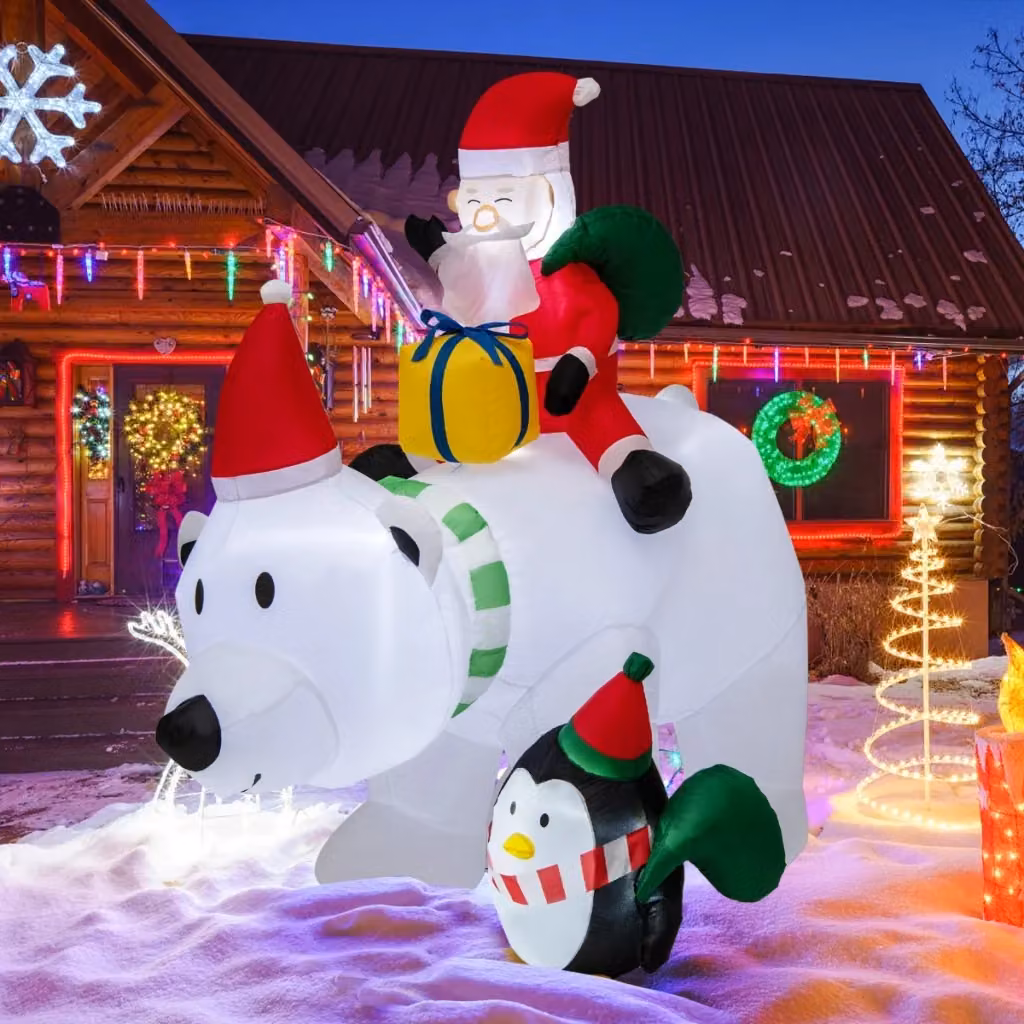 Decorazione natalizia gonfiabile Design Mania con Babbo Natale su orso polare, pinguino e sacchetti regalo, multicolore, con illuminazione LED, Altezza: 210 cm – 2