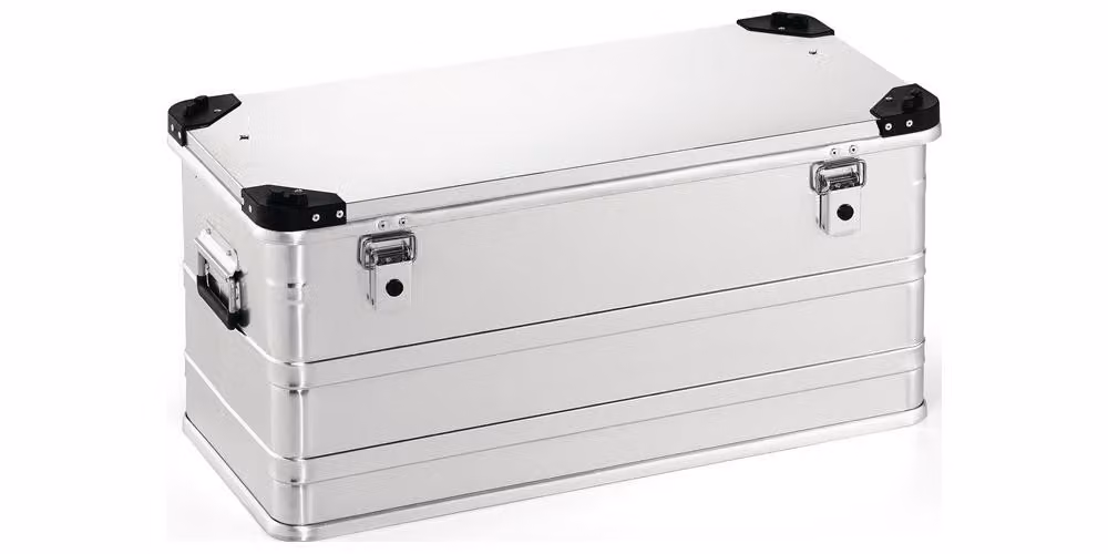 Cassetta in alluminio L782xL385xH380mm 91 l con coperchio incernierato e angoli impilabili