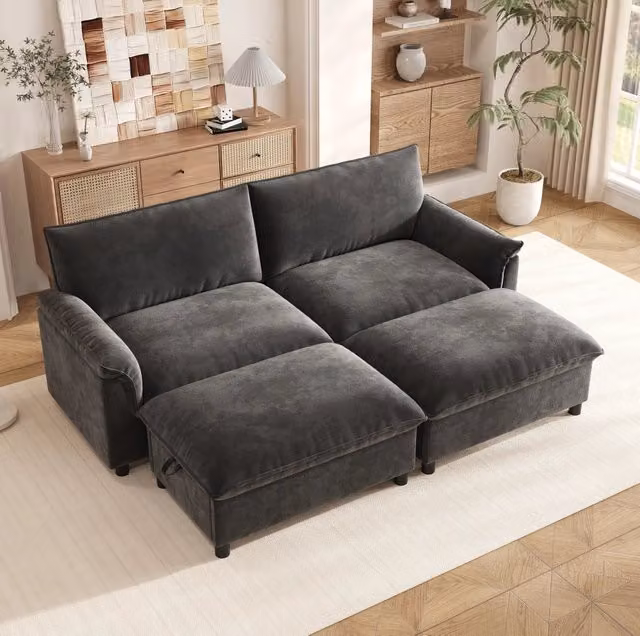 Divano modulare ULEVR 216x77x82 cm con pouf contenitore e funzione letto temporaneo, in ciniglia grigia