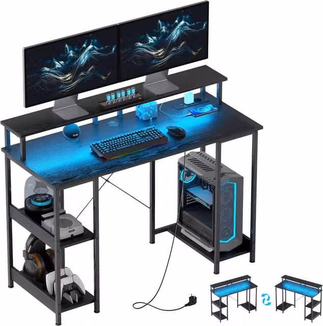 Scrivania Gaming XYLO con LED e Supporto Monitor, Colore Nero, L: 120 cm, P: 50 cm, H: 89,5 cm