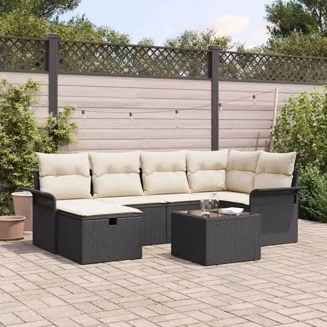 Set Divano da Giardino 7 pz Nero e Crema polyrattan 3358886