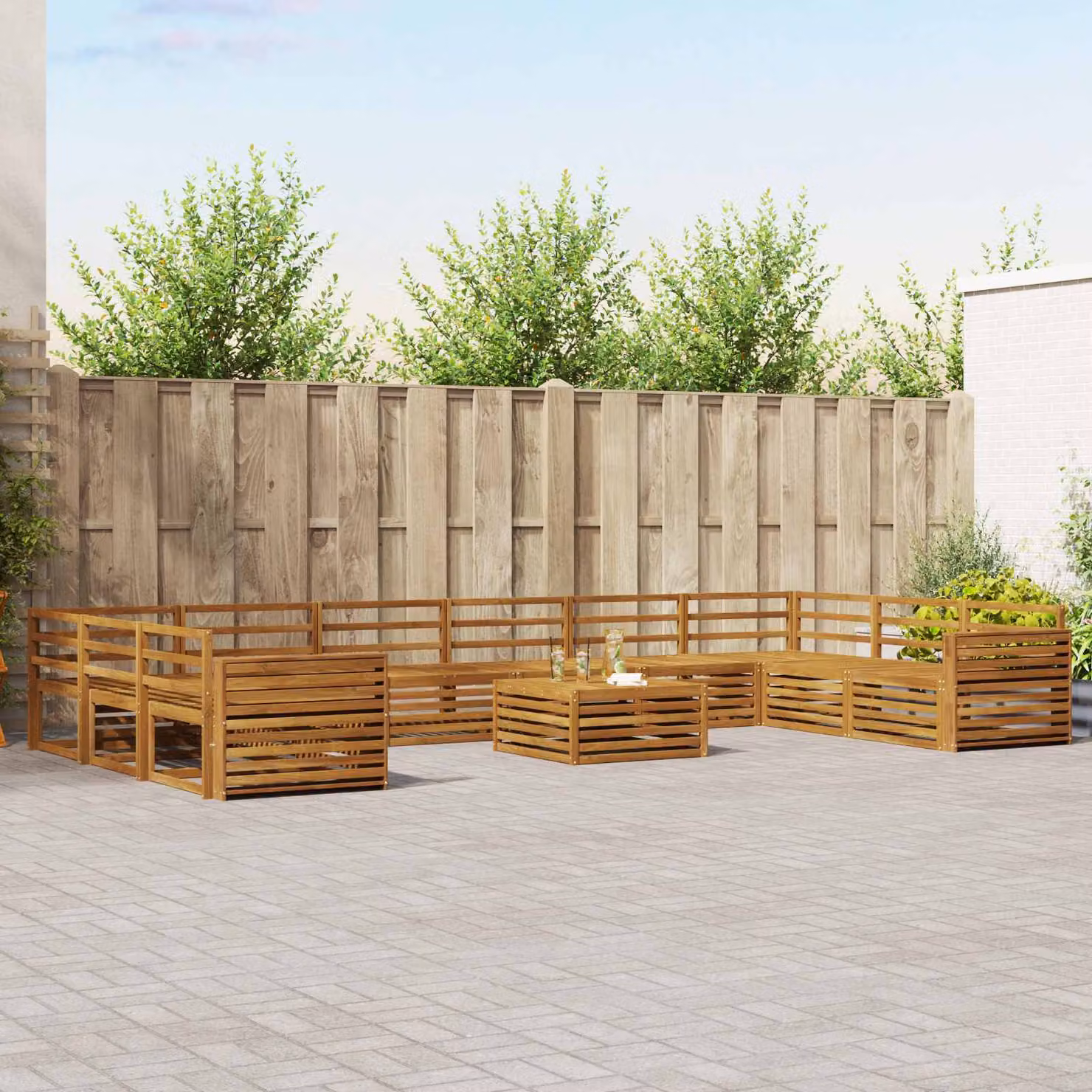 Set di divani da giardino vidaXL in legno di acacia massello marrone con 11 pezzi e cuscini inclusi