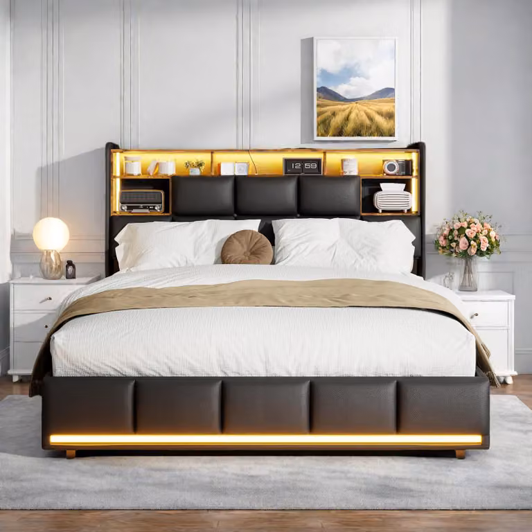 Letto matrimoniale imbottito 160x200 cm, nero, con luce LED, testata, contenitore idraulico, rete sollevabile e stazione di ricarica integrata