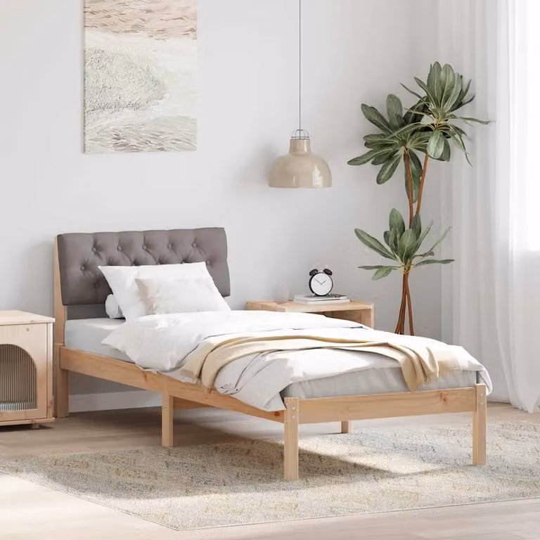 Struttura del letto moderna vidaXL con testiera imbottita in tessuto, legno di pino, marrone beige e grigio, L 80 x P 200 cm