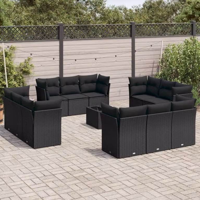 vidaXL Set Divani da Giardino a L con Cuscini Nero in Polyrattan e Tavolino da Esterno