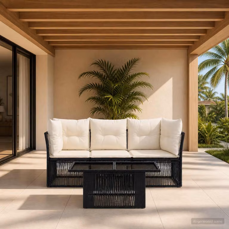 Set Divano da Giardino vidaXL in Polyrattan Nero con Cuscini e Tavolino da 4 Pezzi