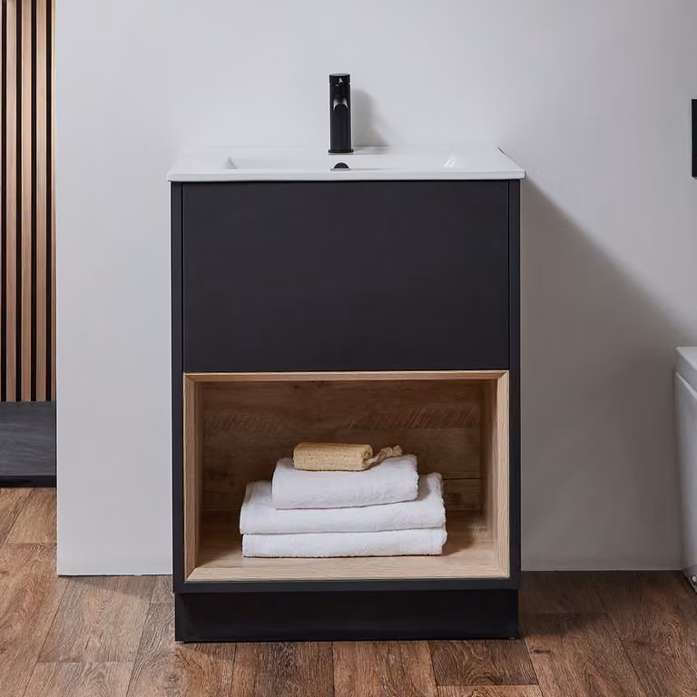Mobile Bagno Con Ripiano Aperto Grigio Nero 610mm Con Lavabo