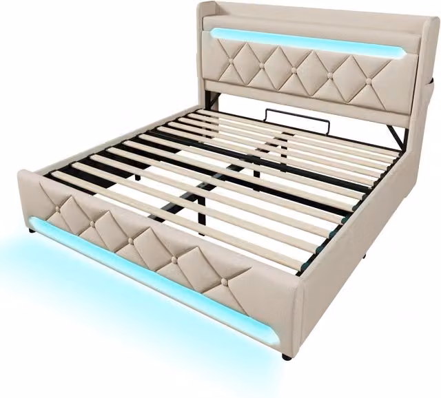 Letto matrimoniale imbottito 140x200 cm con contenitore idraulico, testiera con porte USB e Type-C, illuminazione LED 360°, colore beige in lino (senza materasso)