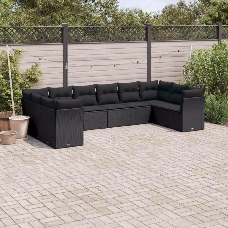 Set di divani da giardino vidaXL a forma di U in polyrattan nero con cuscini inclusi