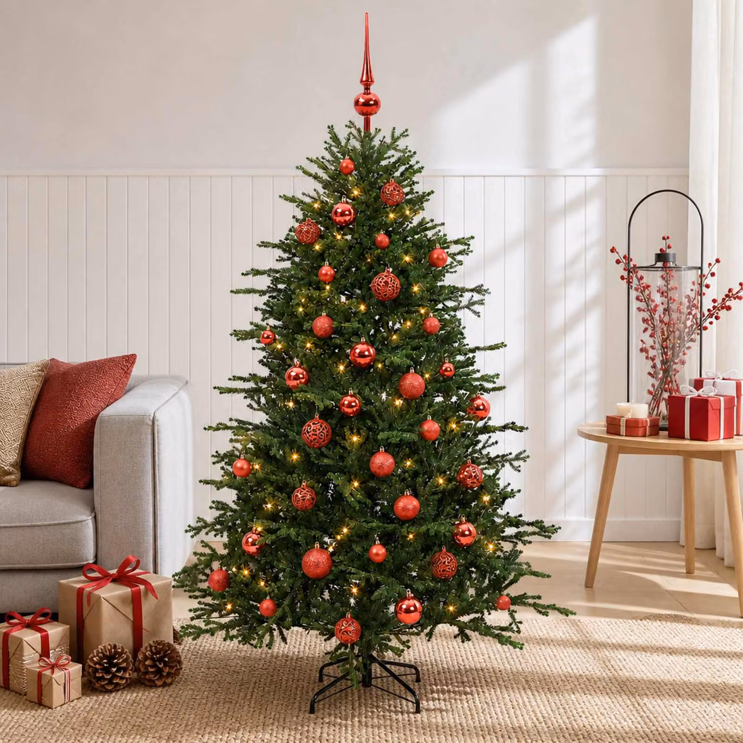 Albero di Natale artificiale verde vidaXL con 150 LED luce bianca calda e decorazioni con palline, Altezza: 150 cm