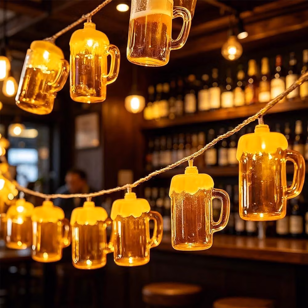 Catena luminosa a LED, 2 metri, 10 lampadine a forma di bicchiere da birra, alimentata a batteria, per decorazione