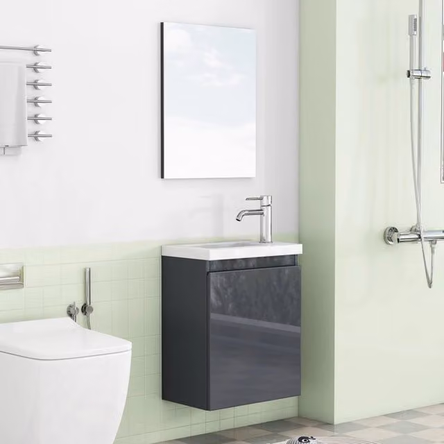 Mobile sottolavabo sospeso con lavabo in ceramica e specchio ante senza maniglie chiusura ammortizzata grigio lucido