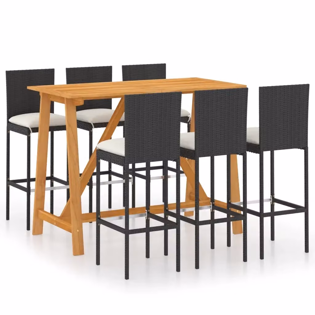 Set da Bar da Giardino 7 pz vidaXL in Polyrattan e Legno di Acacia con Cuscini Nero e Beige – 2