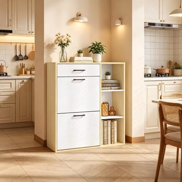 Scarpiera slim con cassetto e 2 ante a ribalta, 3 vani aperti, per ingresso e corridoio, bianco, 80 × 90 × 30 cm
