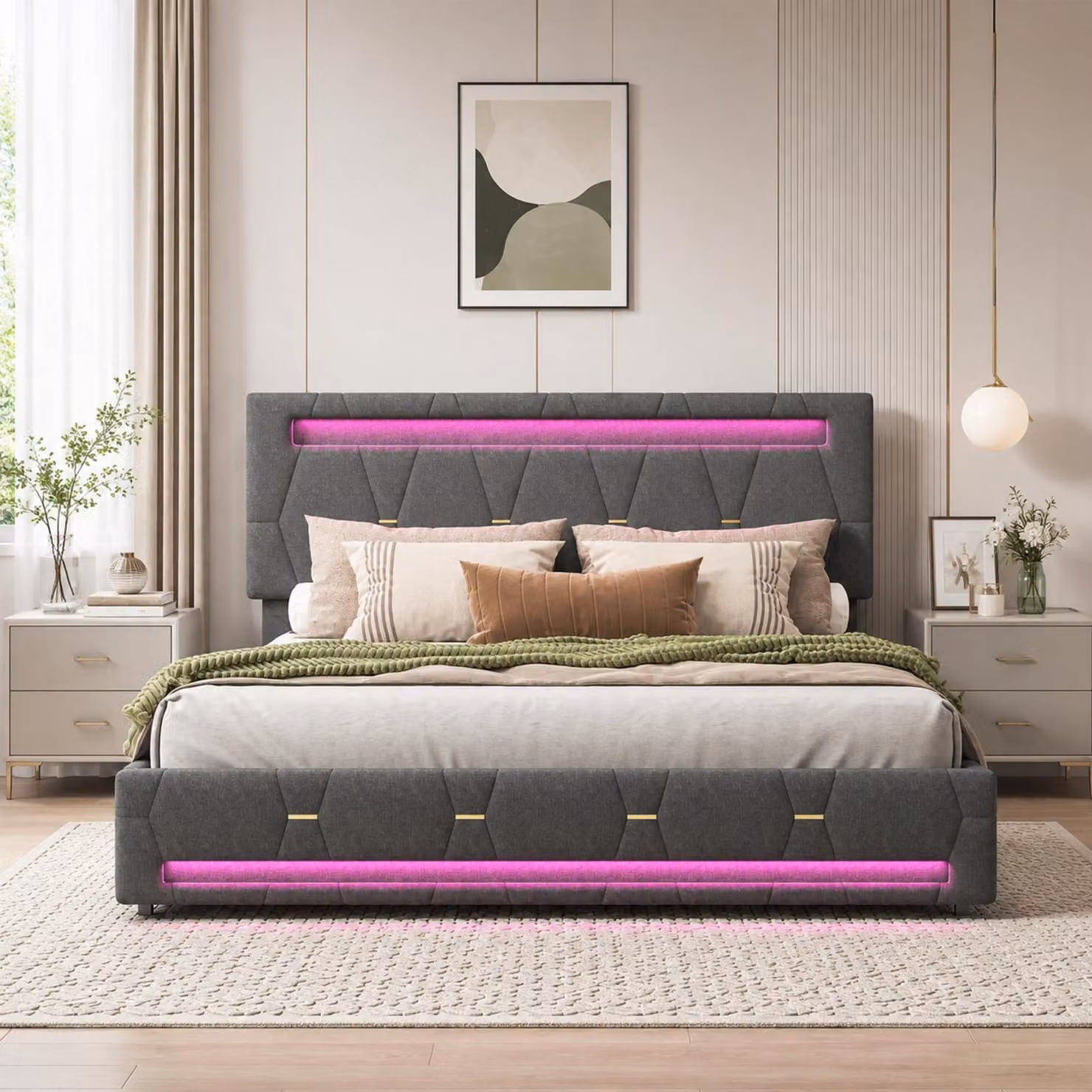 Letto imbottito matrimoniale INONEFT, 160x200 cm, con contenitore e 4 cassetti, struttura letto per ragazzi con rete a doghe, poggiatesta regolabile con LED, colore grigio lino