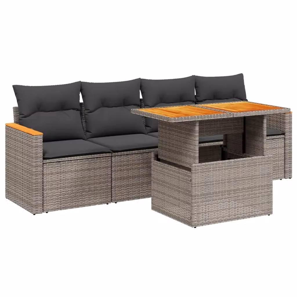 vidaXL Set Divano da Giardino 5 pz in Polyrattan Grigio con Cuscini e Tavolino – 2