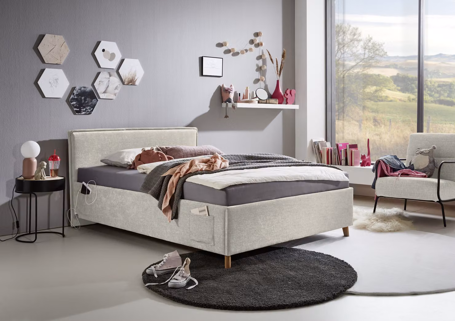 Meise Möbel Fun Letto imbottito con piedini in legno massello color rovere