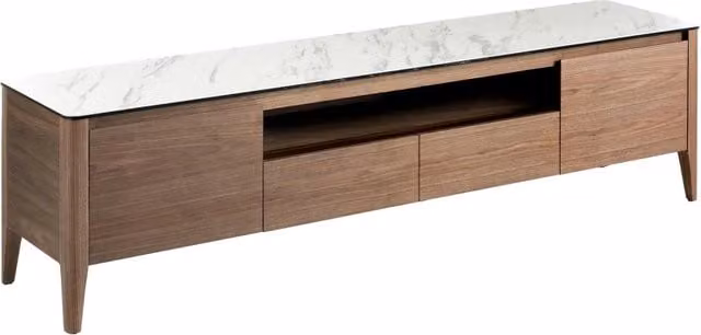 Mobile porta TV moderno Angel Cerdá in legno noce con piano in vetro e cassetti soft-close, L: 200 cm, P: 45 cm, H: 51 cm – 1