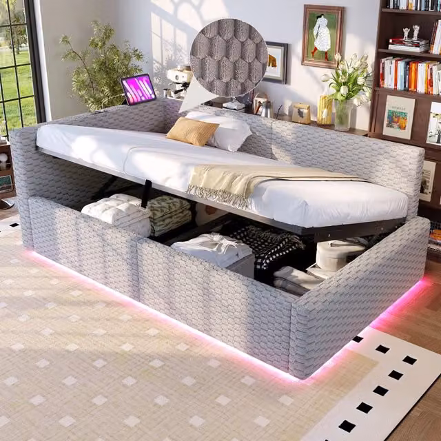 Letto contenitore Mivray con sollevamento idraulico, schienale a L in velluto grigio, illuminazione LED e porte USB/Type-C, L/P/H: 90 x 200 x 103 cm