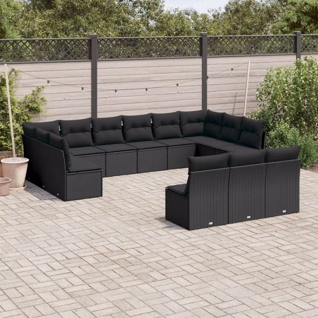 vidaXL Set Divani da Giardino a Forma di U con Cuscini, Polyrattan e Telaio in Metallo, Nero – 1