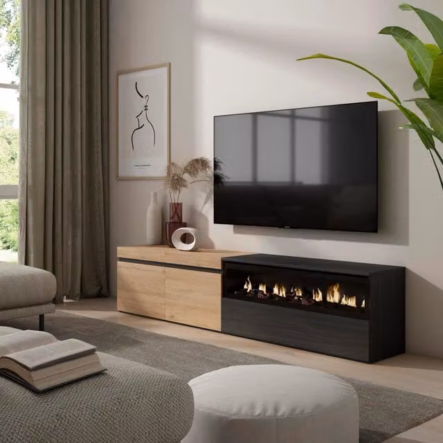 Mobile TV, 200x35x45cm, soggiorno, Per TV fino a 80", Camino elettrico, colore Rovere e nero RF2265
